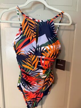 Ellen Tracy High-Neck Tropical Leaf One-Piece in Navy, Orange, Red, Green
